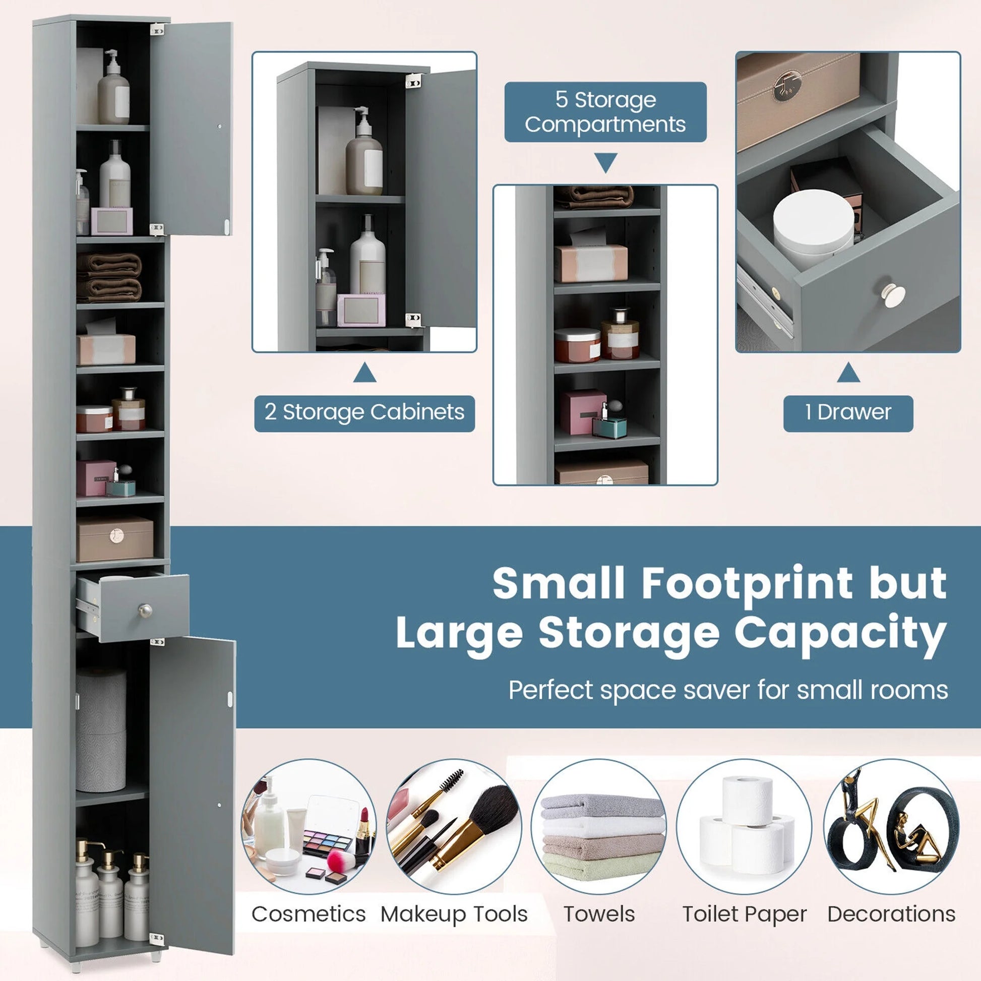 Tall Slim Bathroom Storage Cabinet Linen Tower W/Drawer Adjustable Shelves Gray