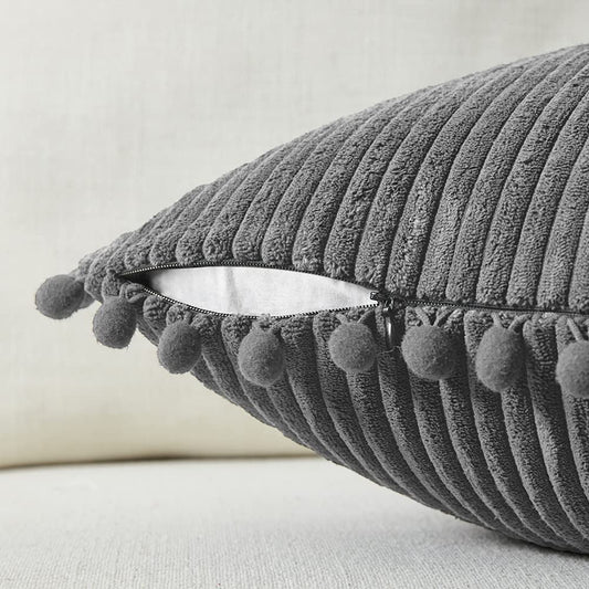 Dark Gray 18x18 Inch Decorative Throw Pillow Covers with Pom Poms, Boho Farmhouse Accent Cushions in Soft Corduroy for Living Room, Couch, and Bed (45x45 cm)