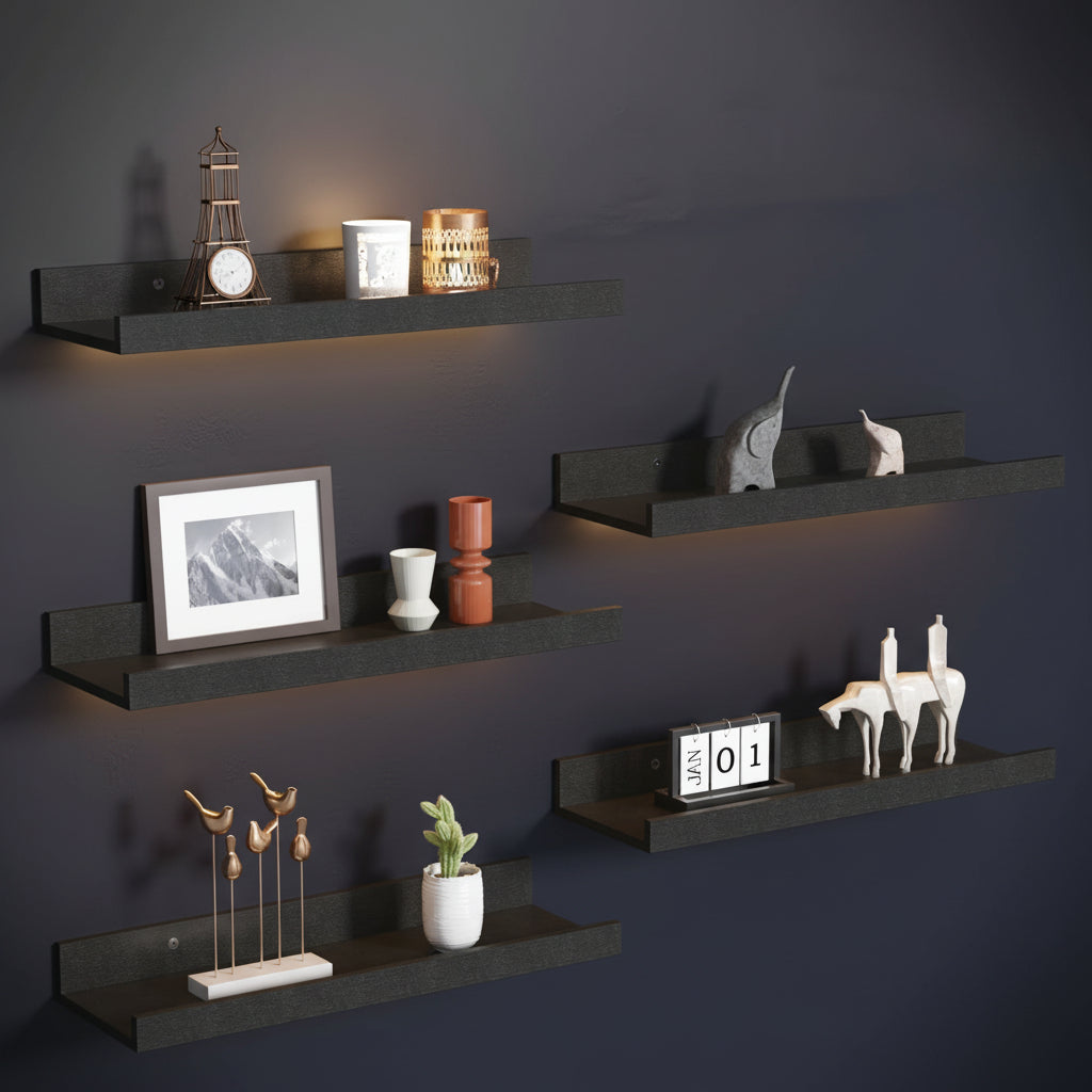 16Inch Floating Shelves for Wall, Wall Shelves for Decor Storage, Wall Mounted Wood Shelves for Bedroom, Living Room, Bathroom, Kitchen, Picture Ledge Shelves, 5 Pack, Black