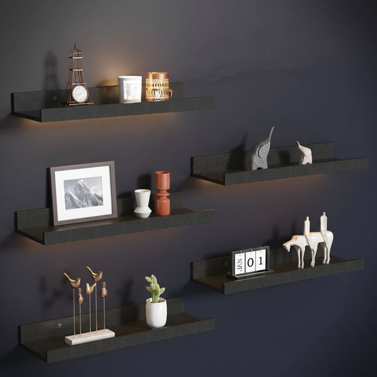 16Inch Floating Shelves for Wall, Wall Shelves for Decor Storage, Wall Mounted Wood Shelves for Bedroom, Living Room, Bathroom, Kitchen, Picture Ledge Shelves, 5 Pack, Black