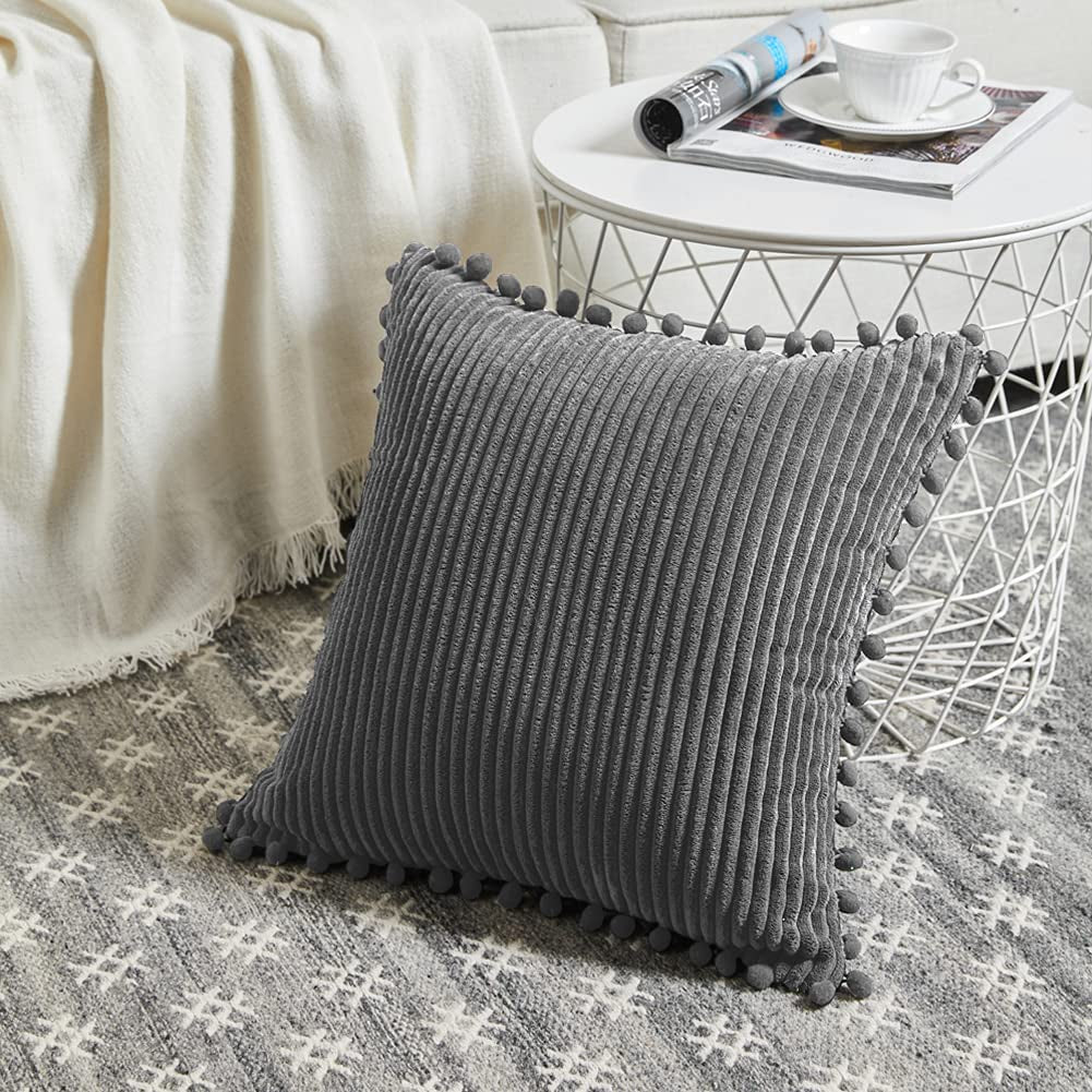 Dark Gray 18x18 Inch Decorative Throw Pillow Covers with Pom Poms, Boho Farmhouse Accent Cushions in Soft Corduroy for Living Room, Couch, and Bed (45x45 cm)