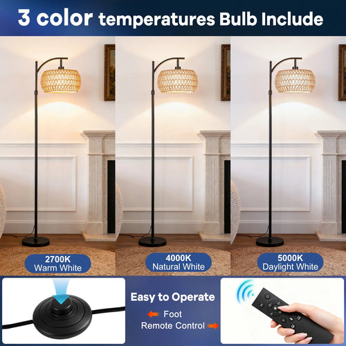 70-Inch Dimmable Arc Floor Lamp with Remote control  and Fabric Double Drum Shade