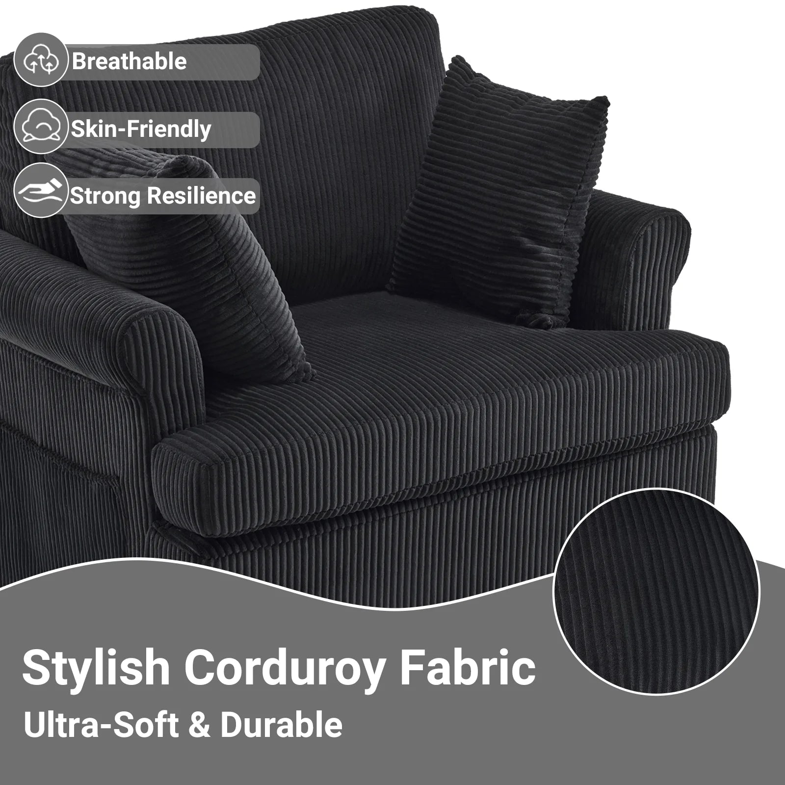 Swivel Accent Chair, 360-Degree Rotation Reading Chair, Corduroy Fabric Sofa with Armrest Pockets, Solid Metal Base, Perfect for Living Room Bedroom Black