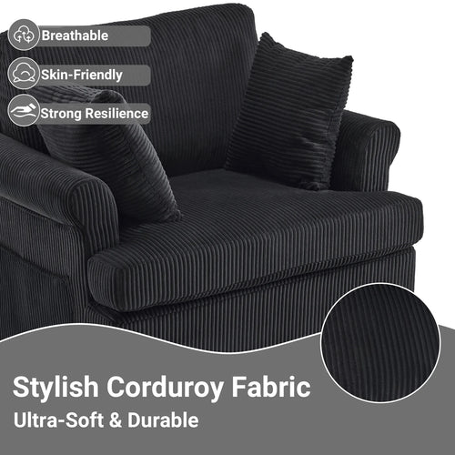 Swivel Accent Chair, 360-Degree Rotation Reading Chair, Corduroy Fabric Sofa with Armrest Pockets, Solid Metal Base, Perfect for Living Room Bedroom Black