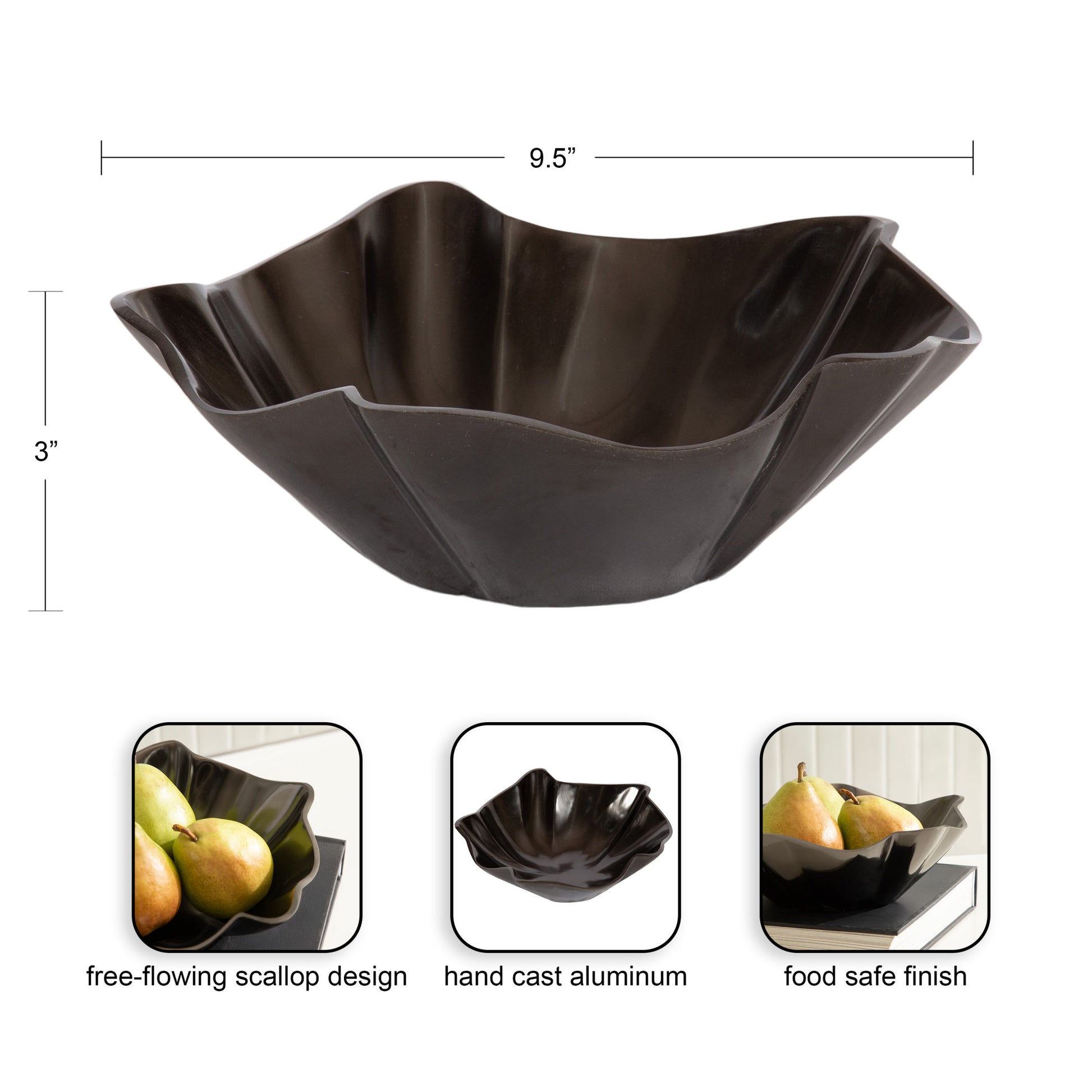 Flutte Scalloped Decorative Metal Serving Bowl, 10 X 10 X 3, Black Nickel, Modern Wavy Fruit Bowl for Kitchen Counter or Use as Tabletop Storage for an Entryway Table