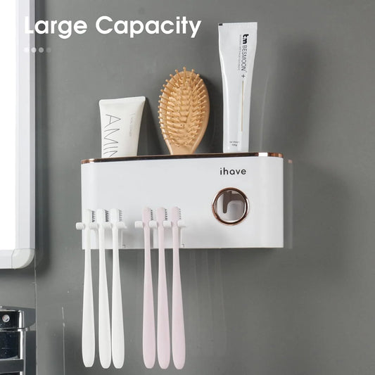 Bathroom Organizer with Toothpaste Dispenser and 2 Cups - Wall-Mounted Toothbrush Holder