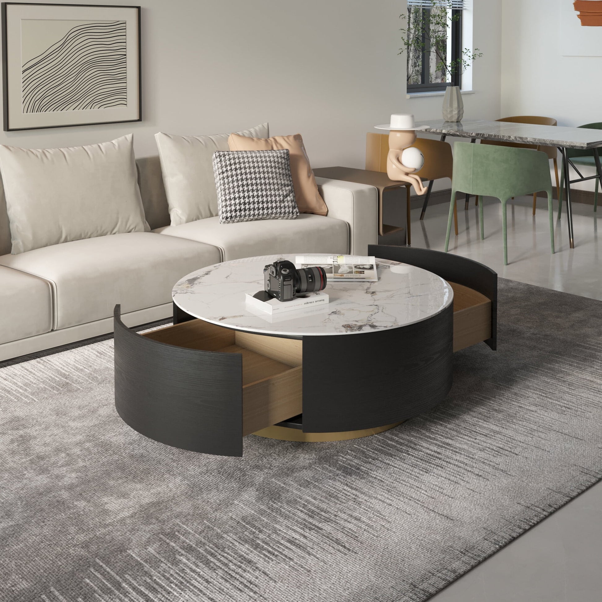 Magic Home Modern round Coffee Table with Two Drawers,Circle Coffee Table Space-Saving Multiple Purpose for Living Room,Dining Room and Home Office,Black White 2 Colors