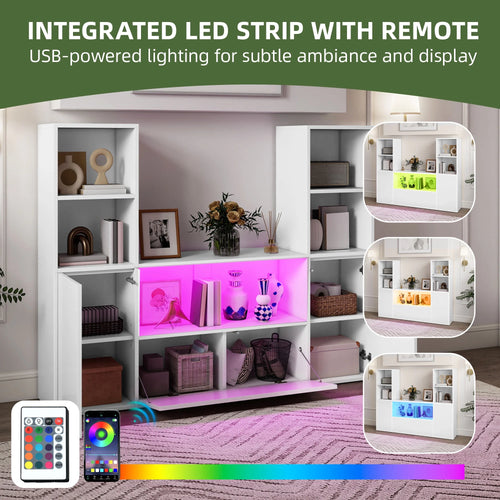 4-Tier U-Shaped Bookcase, Castle Bookshelf with Cabinet &LED Light, Cube Storage Organizer, White