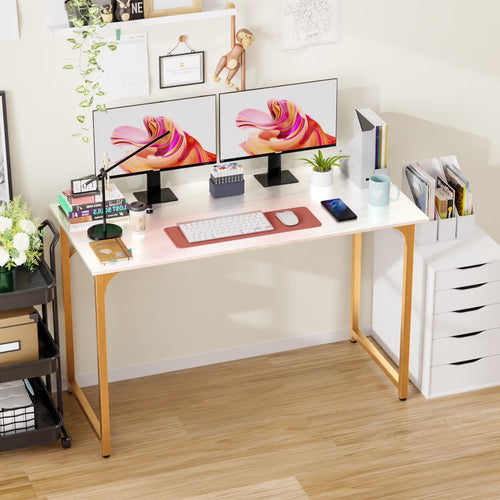 48 Inch Large Computer Desk Writing Desk Wood Top Metal Frame PC Laptop Table for Home Office Gaming Study, Gold