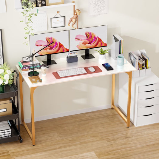 48 Inch Large Computer Desk Writing Desk Wood Top Metal Frame PC Laptop Table for Home Office Gaming Study, Gold