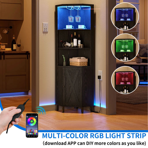 67" Corner Bar Cabinet with LED Lights, Wine Glass Holder & Storage Shelves, Black
