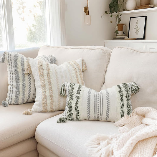 Bohemian-Inspired Summer Decorative Lumbar Pillow Cover 12x20, Textured Tufted Striped Accent for Couch and Bed in Green and Cream, Single Pack