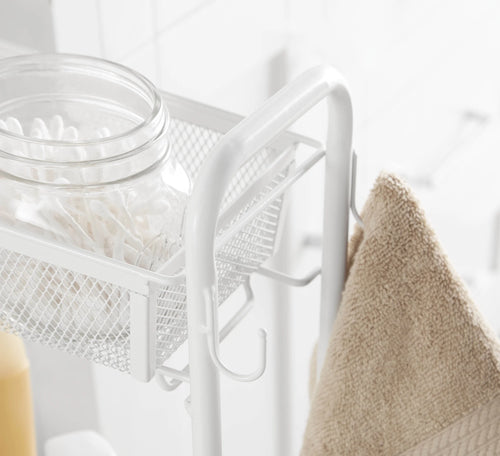 Sleek 3-Tier White Rolling Bathroom Storage Cart with Hooks - Maximize Your Space!