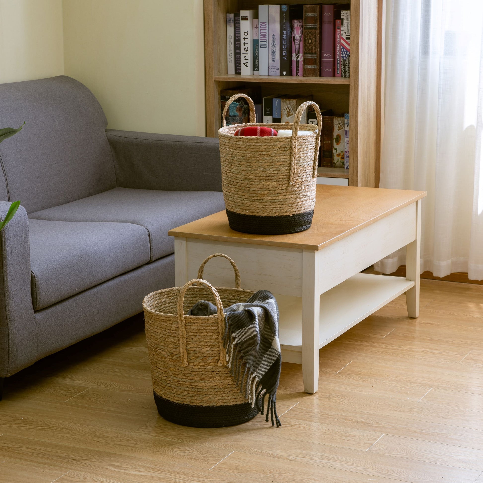 Natural and Black round Rush Baskets, Set of 2