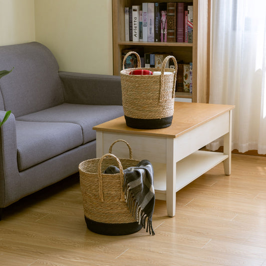 Natural and Black round Rush Baskets, Set of 2
