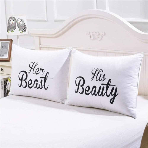 His and Hers Couples Pillowcases Set - Cute Her Beast and His Beauty Gift for Weddings, Anniversaries, and Valentine's Day