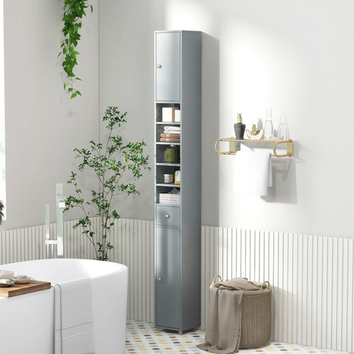 Tall Slim Bathroom Storage Cabinet Linen Tower W/Drawer Adjustable Shelves Gray
