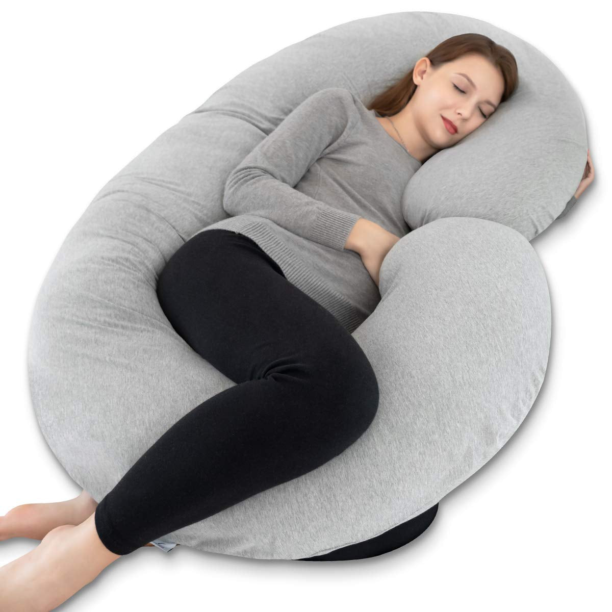 Maternity C-Shaped Pregnancy Pillow with Jersey Cotton Cover for Enhanced Sleep Comfort (Grey)