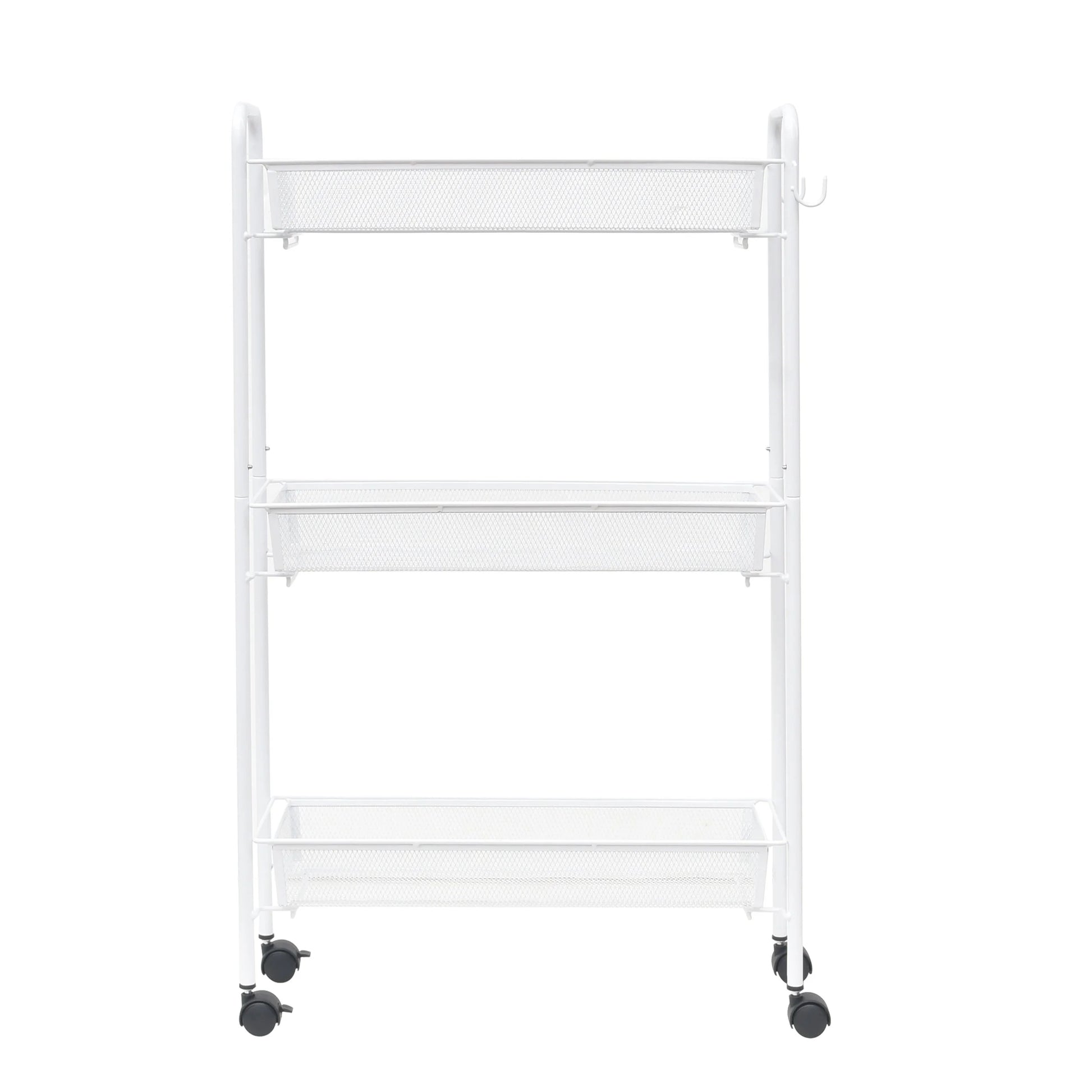 Sleek 3-Tier White Rolling Bathroom Storage Cart with Hooks - Maximize Your Space!
