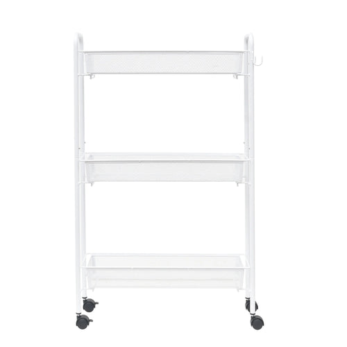 Sleek 3-Tier White Rolling Bathroom Storage Cart with Hooks - Maximize Your Space!