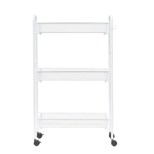 Sleek 3-Tier White Rolling Bathroom Storage Cart with Hooks - Maximize Your Space!