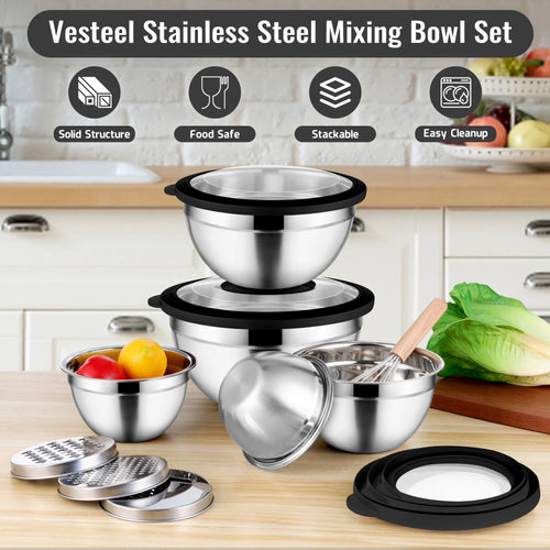 8-Piece Stainless Steel Mixing Bowls Set with Airtight Lids and Graters - Perfect for Kitchen Prep, Grating, and Mixing - Sleek Black Design