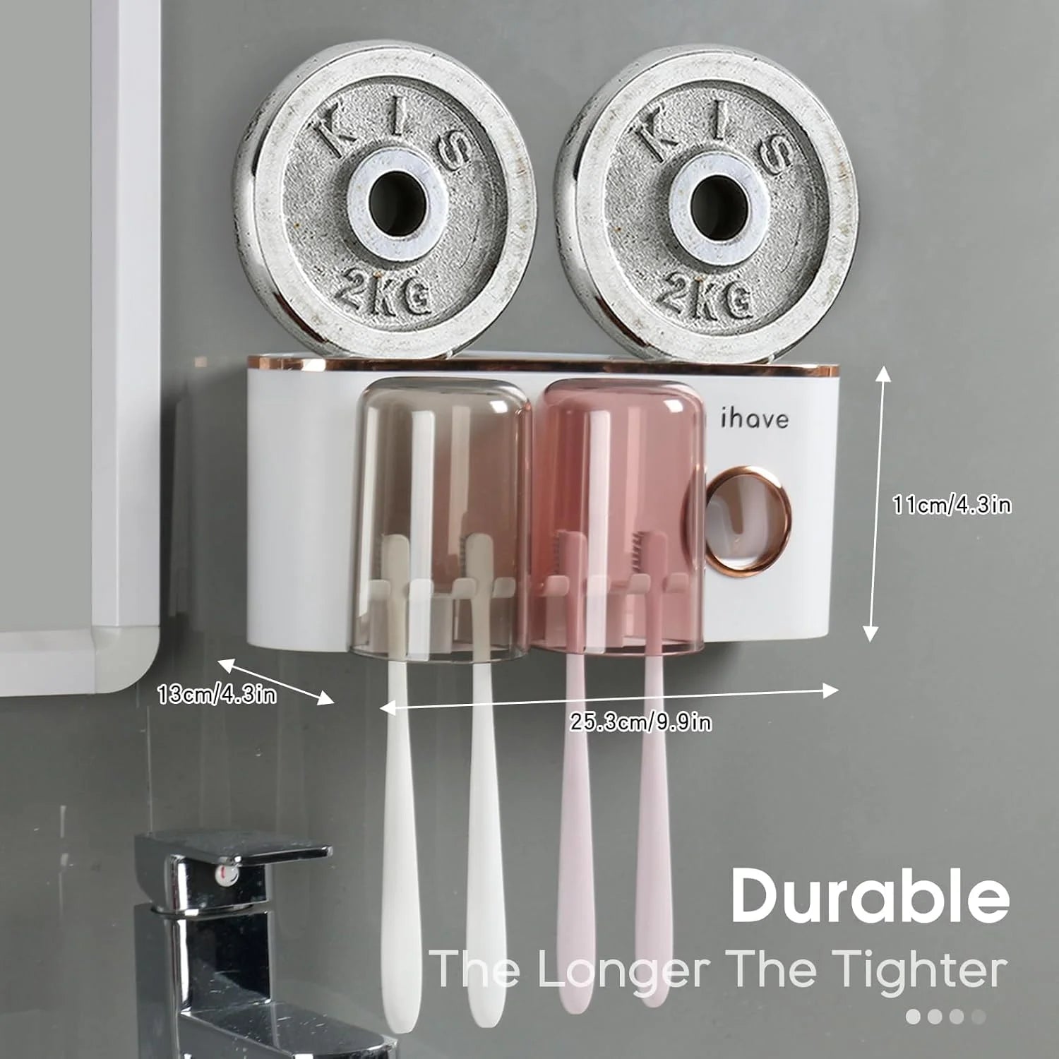 Bathroom Organizer with Toothpaste Dispenser and 2 Cups - Wall-Mounted Toothbrush Holder