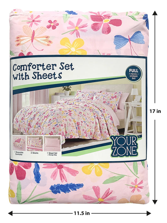 7-Piece Pink Wildflower Polyester Bedding Set for Full-Size Girls