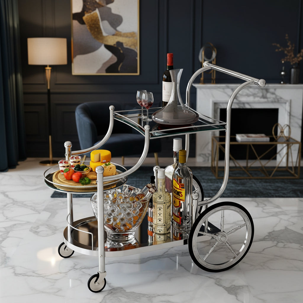 Bar Cart 3-Tier Home Bar Serving Cart on Wheels W/ Mirrored Shelves