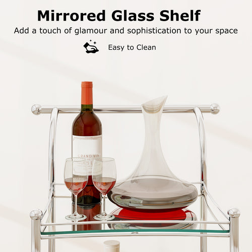 Bar Cart 3-Tier Home Bar Serving Cart on Wheels W/ Mirrored Shelves