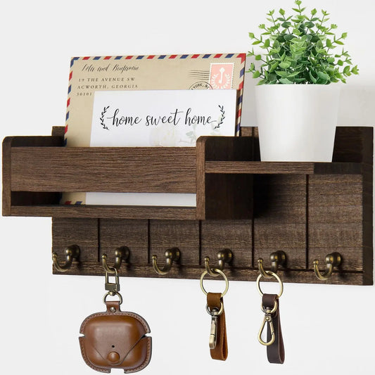 Key Holder Wall Mount - Decorative Key Rack and Mail Organizer with 6 Key Hooks - Wooden Key Hanger with Shelf for Living Room Decor - Rustic Farmhouse Home Entryway Aesthetic Essentials