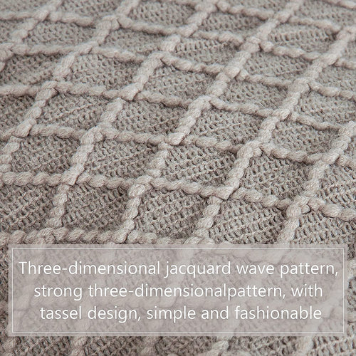 Lightweight Acrylic Knitted Throw Blanket with Tassels - Soft and Cozy Decorative Woven Blanket for Travel, Couch, Bed, and Sofa, 51x67 Inches, Taupe Checkered Design