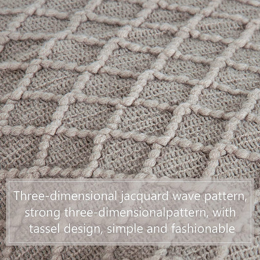 Lightweight Acrylic Knitted Throw Blanket with Tassels - Soft and Cozy Decorative Woven Blanket for Travel, Couch, Bed, and Sofa, 51x67 Inches, Taupe Checkered Design