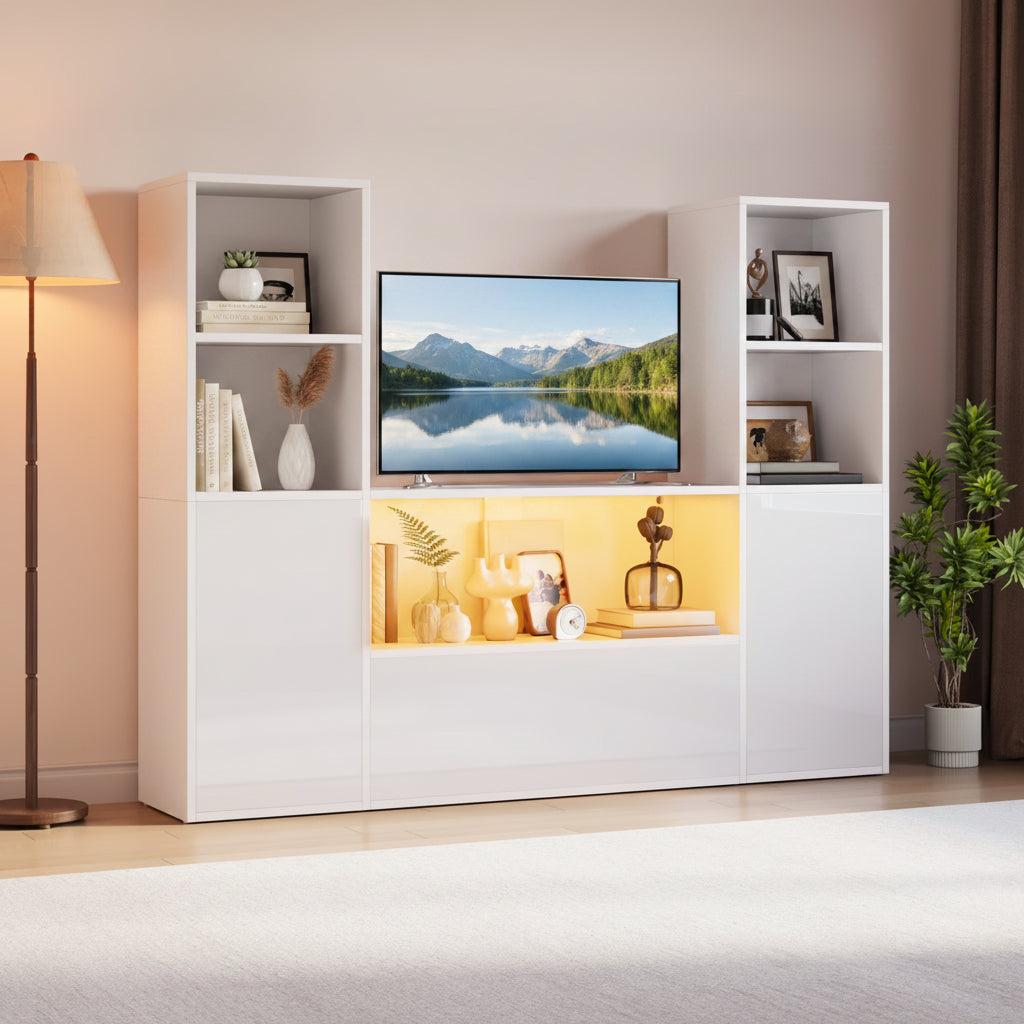4-Tier U-Shaped Bookcase, Castle Bookshelf with Cabinet &LED Light, Cube Storage Organizer, White