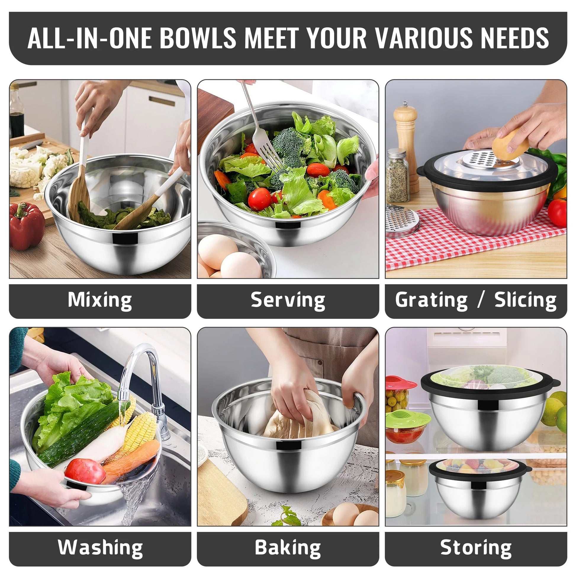 8-Piece Stainless Steel Mixing Bowls Set with Airtight Lids and Graters - Perfect for Kitchen Prep, Grating, and Mixing - Sleek Black Design