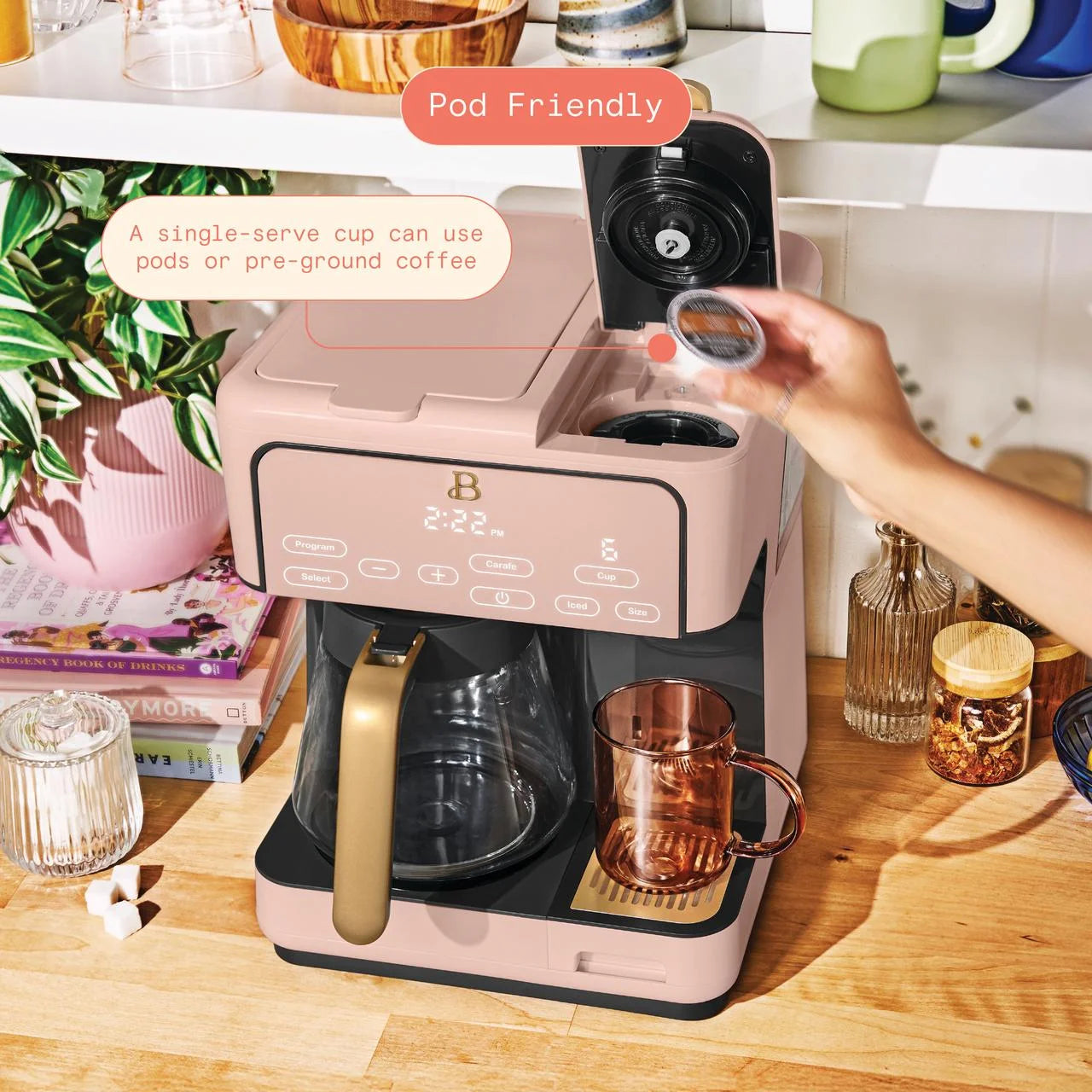 Multi-Brew 12-Cup Programmable Drip and Single-Serve Coffee Maker in Rose by Drew Barrymore