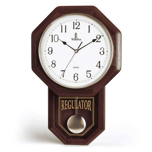 Pendulum Wall Clock - Decorative Wood Wall Clock with Pendulum - Schoolhouse Clock Regulator Design, Battery Operated & Silent, Wooden Pendulum Clock 18"X11"