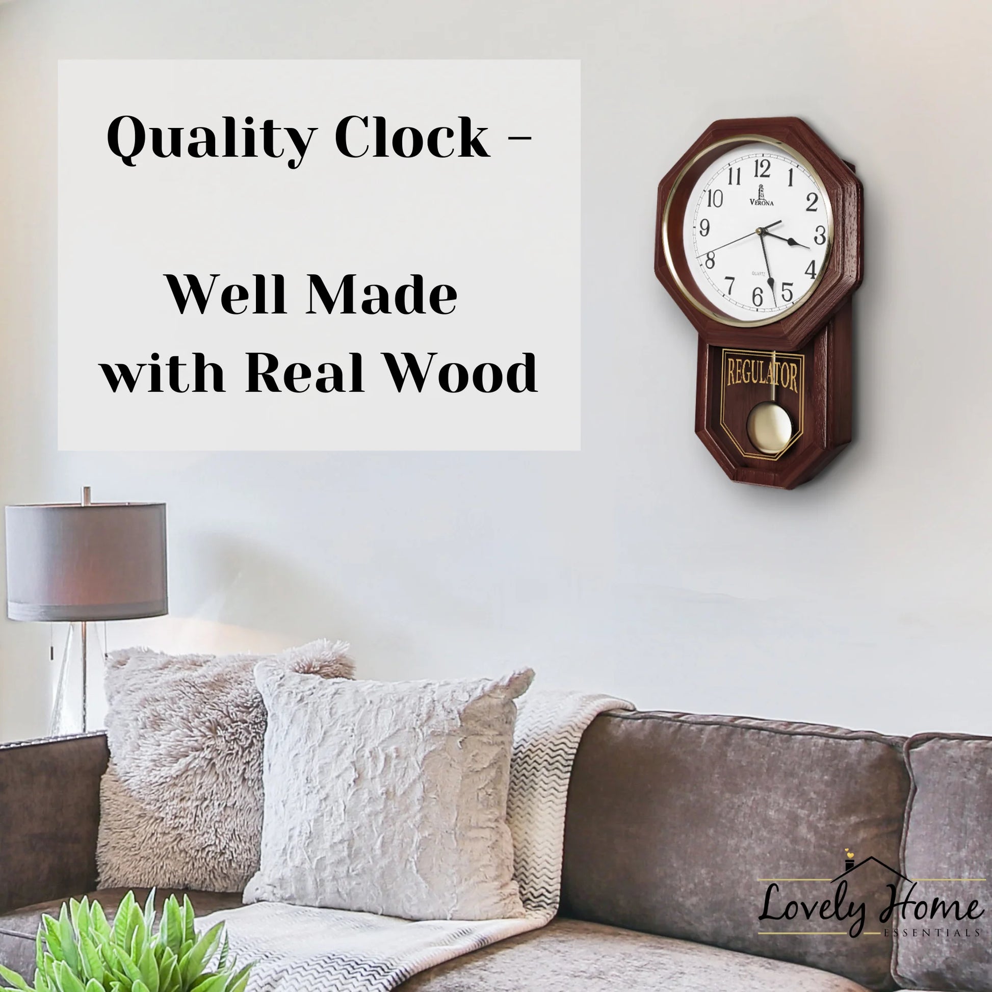 Pendulum Wall Clock - Decorative Wood Wall Clock with Pendulum - Schoolhouse Clock Regulator Design, Battery Operated & Silent, Wooden Pendulum Clock 18"X11"