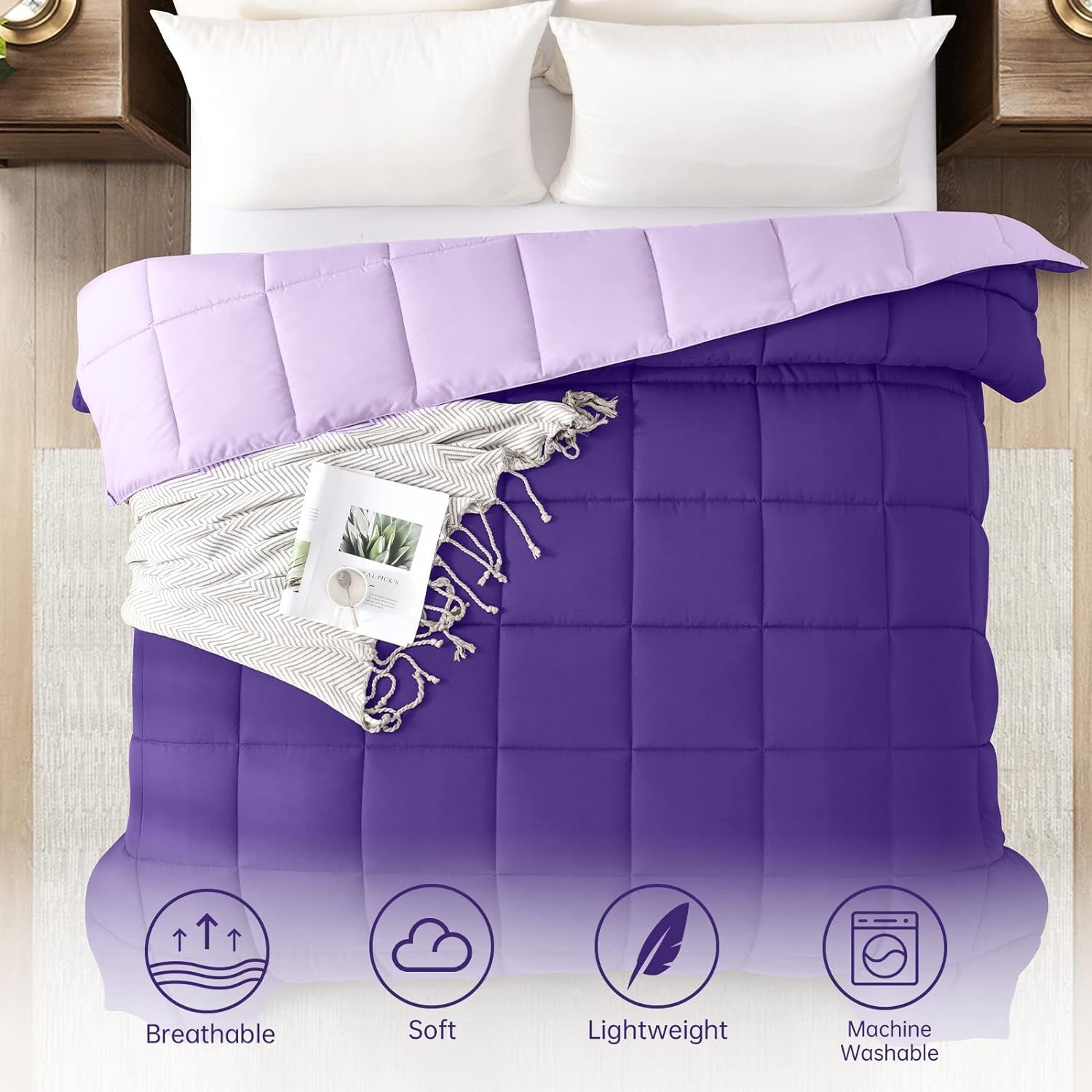 Twin Size Reversible Down Alternative Comforter - Lightweight Quilted Bedding in Plum and Light Purple for All Seasonsp plop