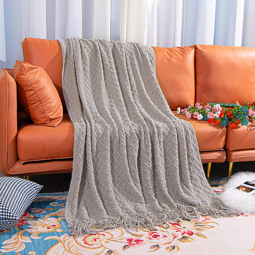 Lightweight Acrylic Knitted Throw Blanket with Tassels - Soft and Cozy Decorative Woven Blanket for Travel, Couch, Bed, and Sofa, 51x67 Inches, Taupe Checkered Design