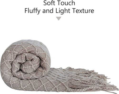 Lightweight Acrylic Knitted Throw Blanket with Tassels - Soft and Cozy Decorative Woven Blanket for Travel, Couch, Bed, and Sofa, 51x67 Inches, Taupe Checkered Design