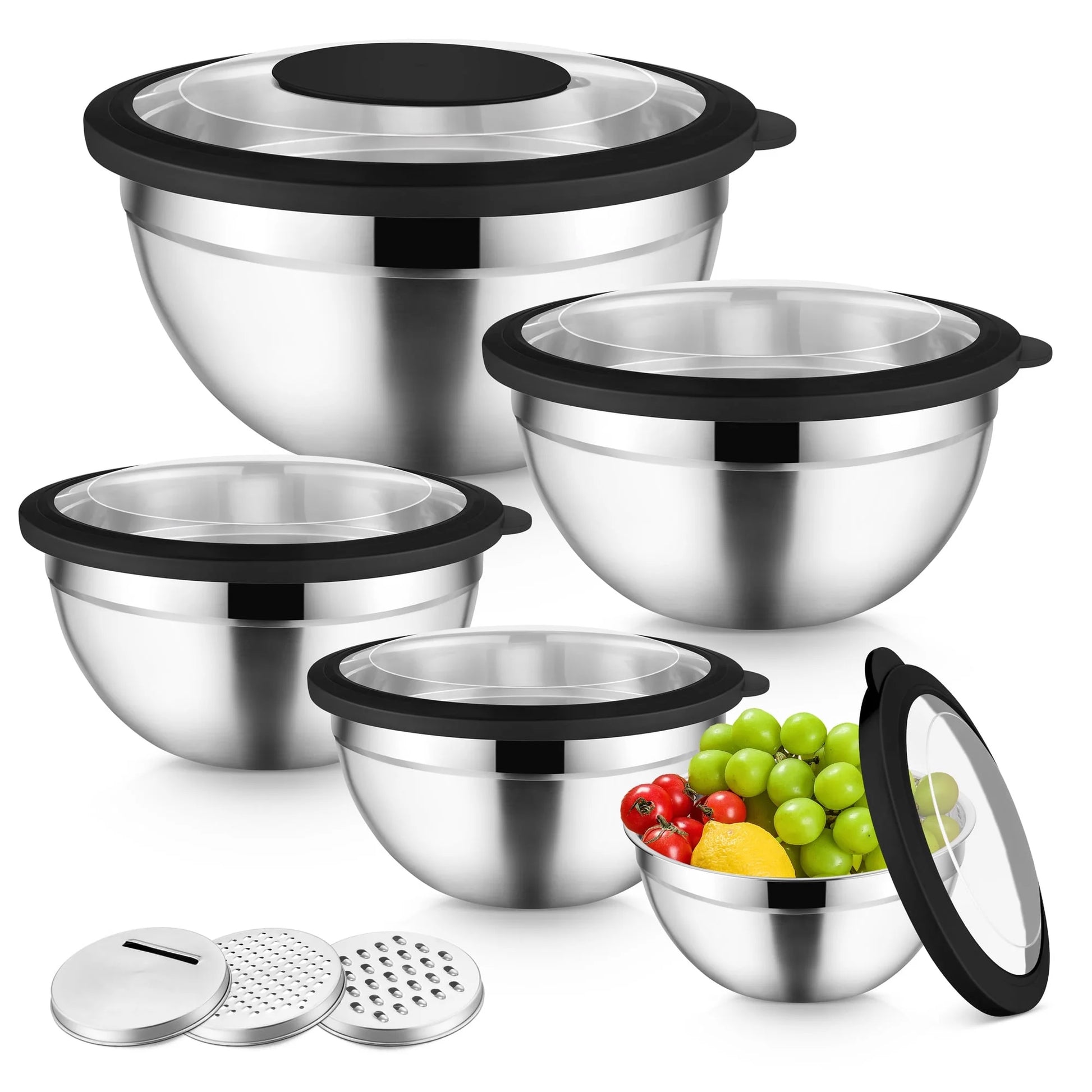 8-Piece Stainless Steel Mixing Bowls Set with Airtight Lids and Graters - Perfect for Kitchen Prep, Grating, and Mixing - Sleek Black Design