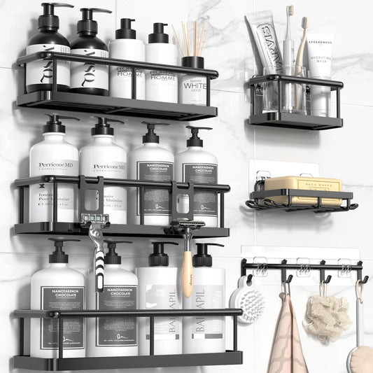 Rustproof Adhesive Shower Caddy Organizer Set - 6 Pack Large Capacity Shelves with Soap Holder for No-Drill Bathroom Storage Solutions