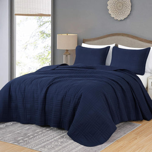Kingston Oversized Quilted Microfiber Bedspread Set, 3-Piece Navy Queen Size Coverlet (100" x 106") for All Seasons