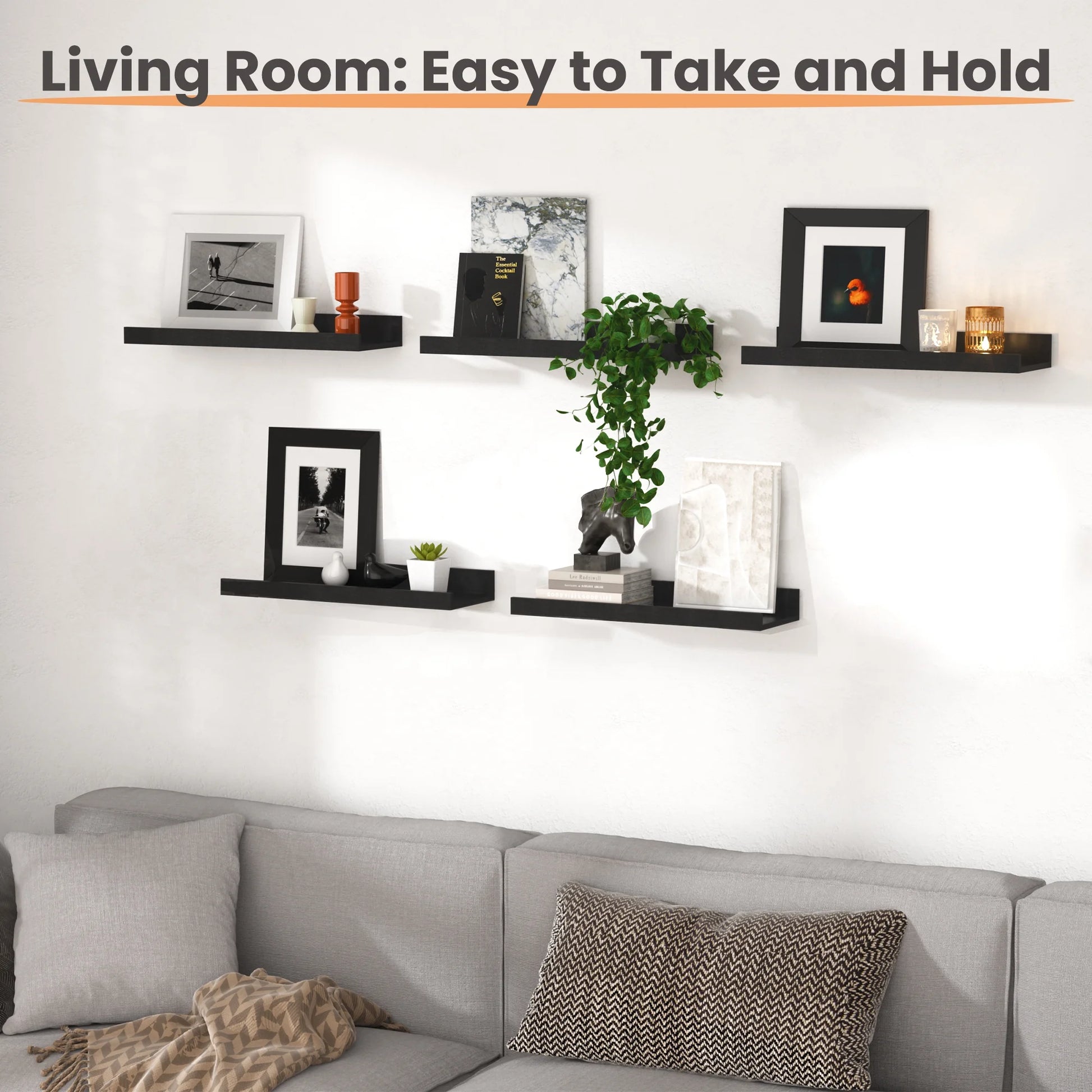 16Inch Floating Shelves for Wall, Wall Shelves for Decor Storage, Wall Mounted Wood Shelves for Bedroom, Living Room, Bathroom, Kitchen, Picture Ledge Shelves, 5 Pack, Black