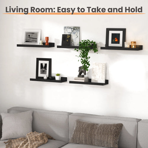 16Inch Floating Shelves for Wall, Wall Shelves for Decor Storage, Wall Mounted Wood Shelves for Bedroom, Living Room, Bathroom, Kitchen, Picture Ledge Shelves, 5 Pack, Black
