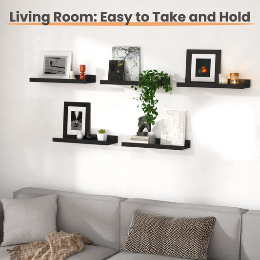16Inch Floating Shelves for Wall, Wall Shelves for Decor Storage, Wall Mounted Wood Shelves for Bedroom, Living Room, Bathroom, Kitchen, Picture Ledge Shelves, 5 Pack, Black