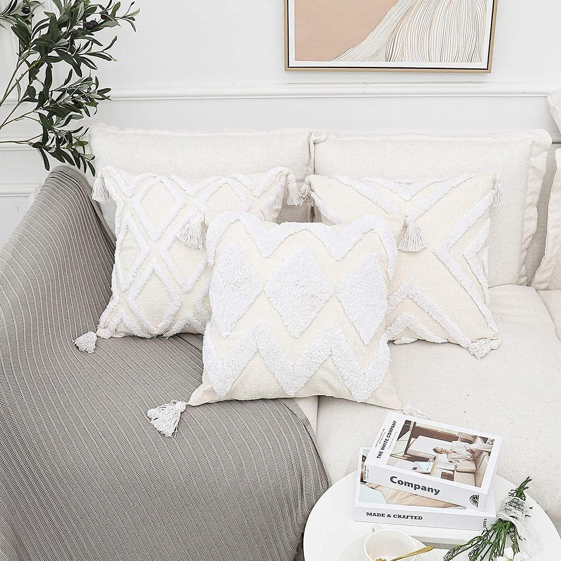Bohemian White Throw Pillow Cover 18x18 Inches with Tassels, Moroccan Tufted Decorative Cream Chenille Fabric Accent Cushion Case for Bed and Couch, Single Piece