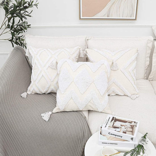 Bohemian White Throw Pillow Cover 18x18 Inches with Tassels, Moroccan Tufted Decorative Cream Chenille Fabric Accent Cushion Case for Bed and Couch, Single Piece