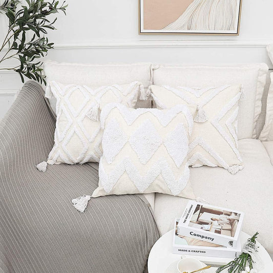 Bohemian White Throw Pillow Cover 18x18 Inches with Tassels, Moroccan Tufted Decorative Cream Chenille Fabric Accent Cushion Case for Bed and Couch, Single Piece